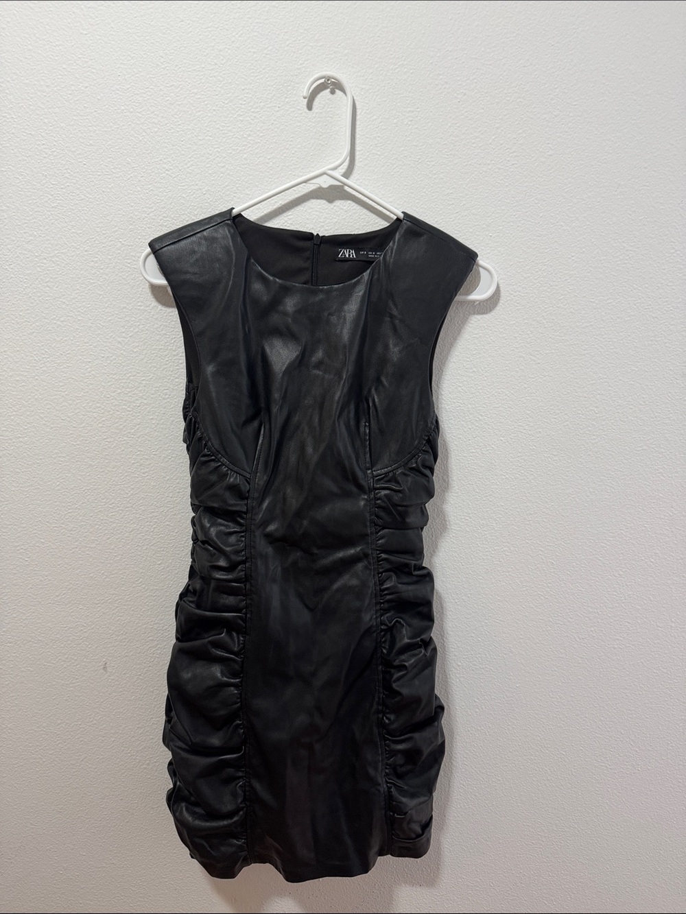 Zara Black Faux Leather Ruched Mini Dress size small